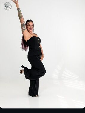 Amanda Uprichard Black Strapless Wide-Leg Jumpsuit with Gold Buttons